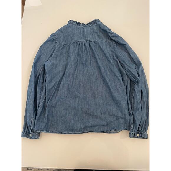 LOFT Button Front Denim Blouse Size L 100% Cotton Ruffle Detail Blue - Picture 5 of 5